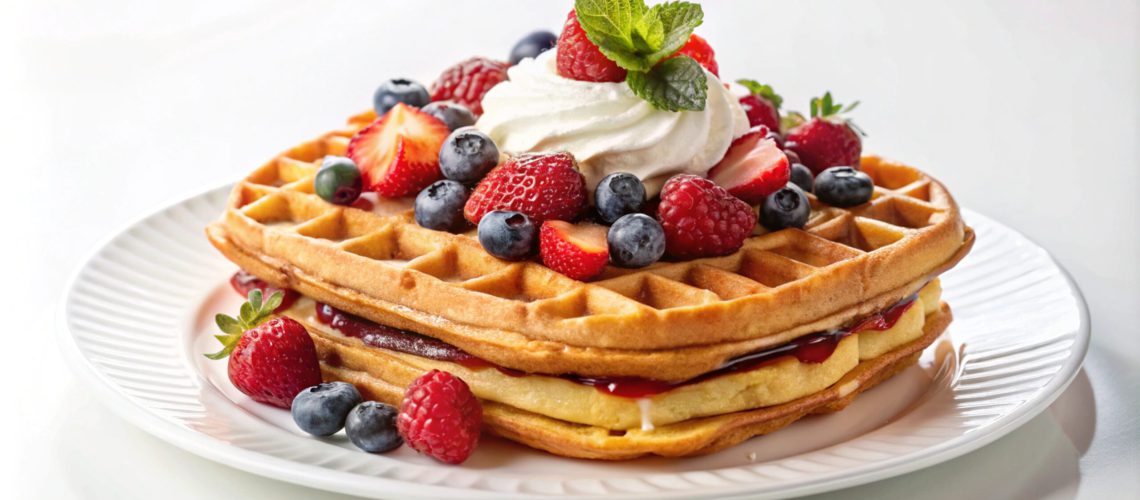 Two waffles topped with whipped cream, berries, and jam on a white plate.